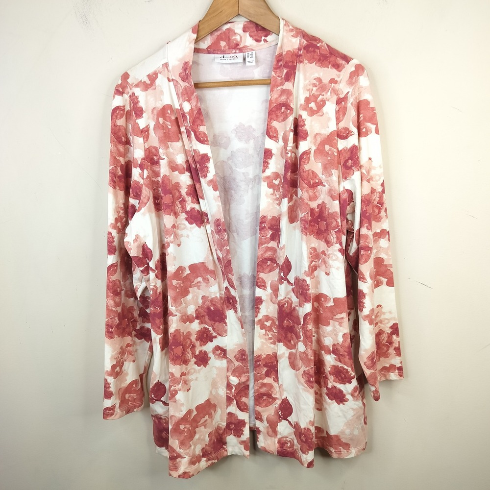 Denim & Co Floral Cardigan Jacket 1X Women Open Front Pockets Pink Coral